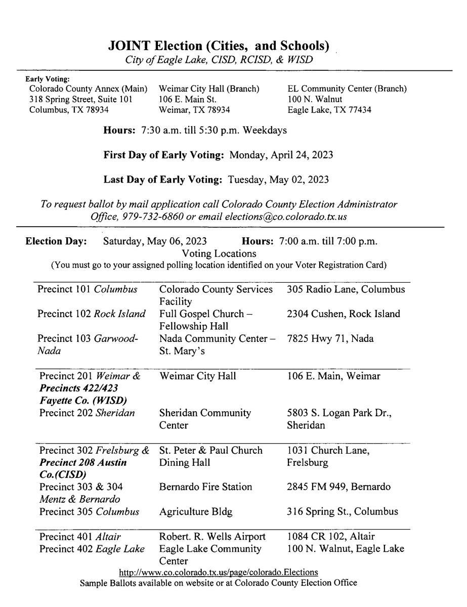 May 6 2023 joint election (cities and schools) polling locations and dates